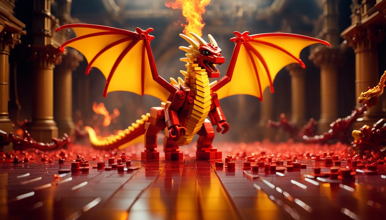 Fiery Red Dragon Soaring Over Golden Floor