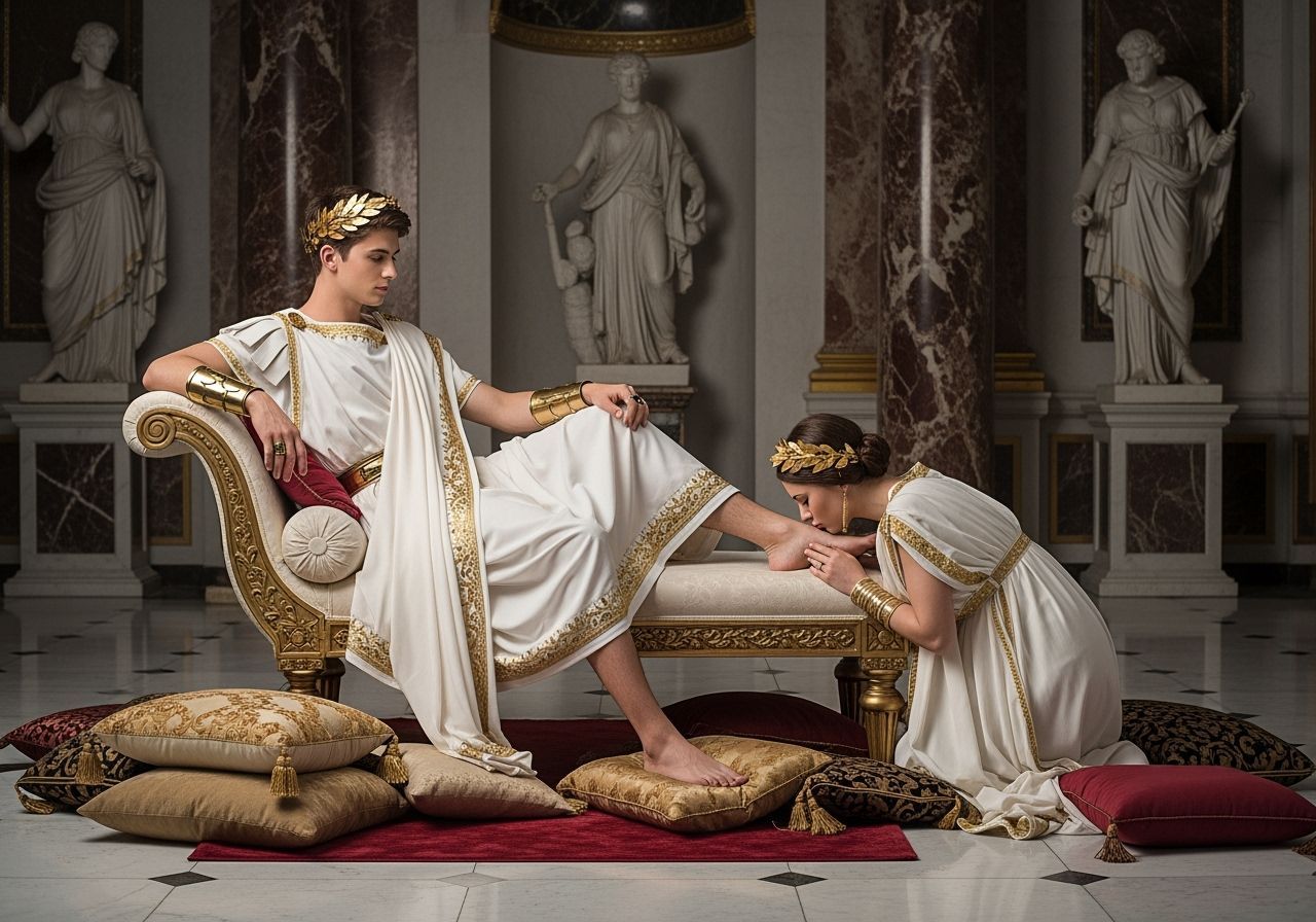 Roman Emperor in Palace with Priestess, Leibovitz Style