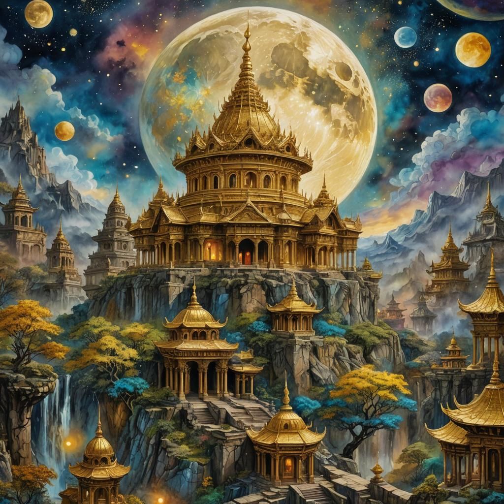 Domed Temple. The overall color scheme is muted, Fantasycore Stylized splashy Watercolor by...