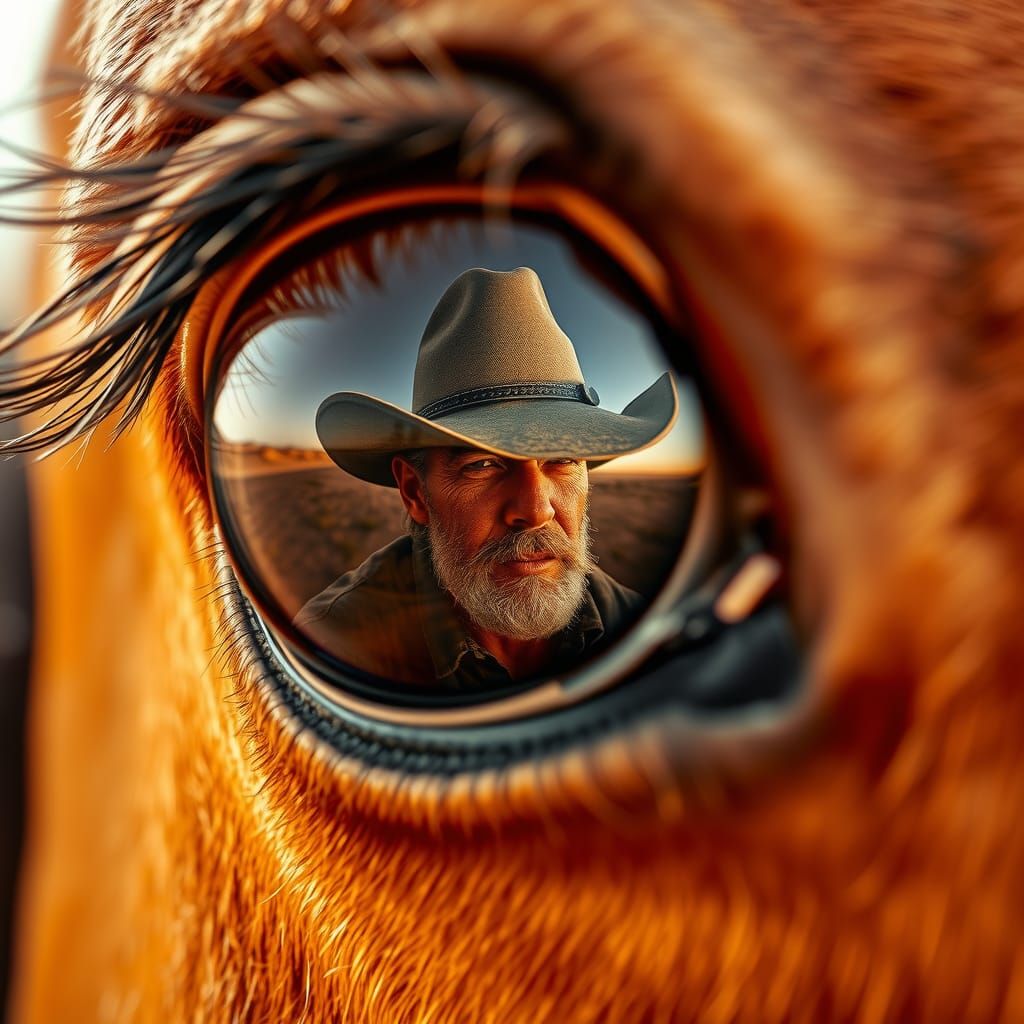 Horse Eye Reflects Cowboy in Cinematic Desert Scene