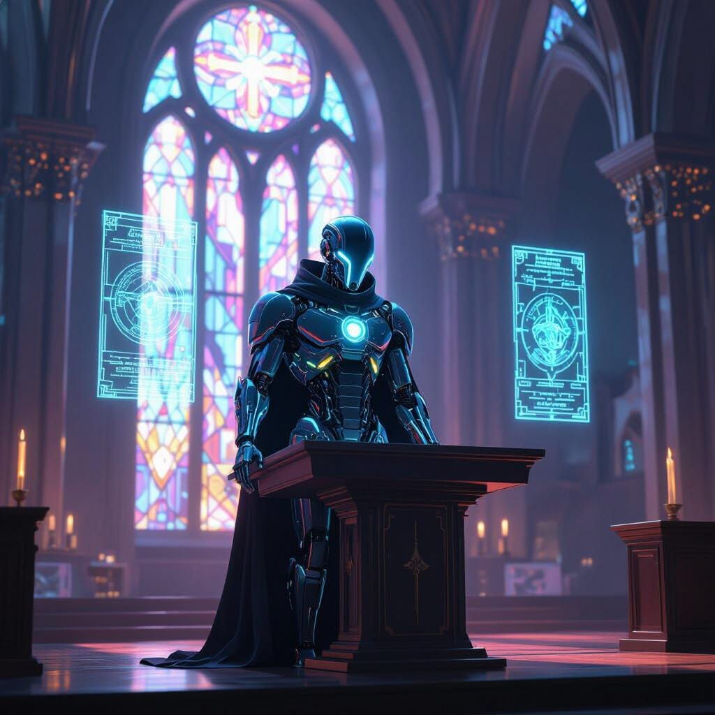 Cyborg Preacher in Futuristic Church Digital Art