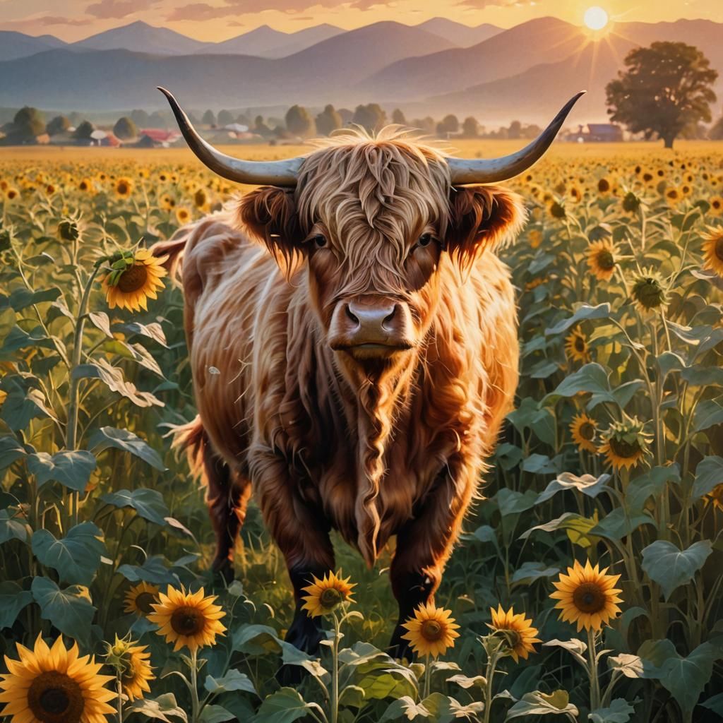 Highland Cow in Sunflower Field: Art Nouveau Oil Painting
