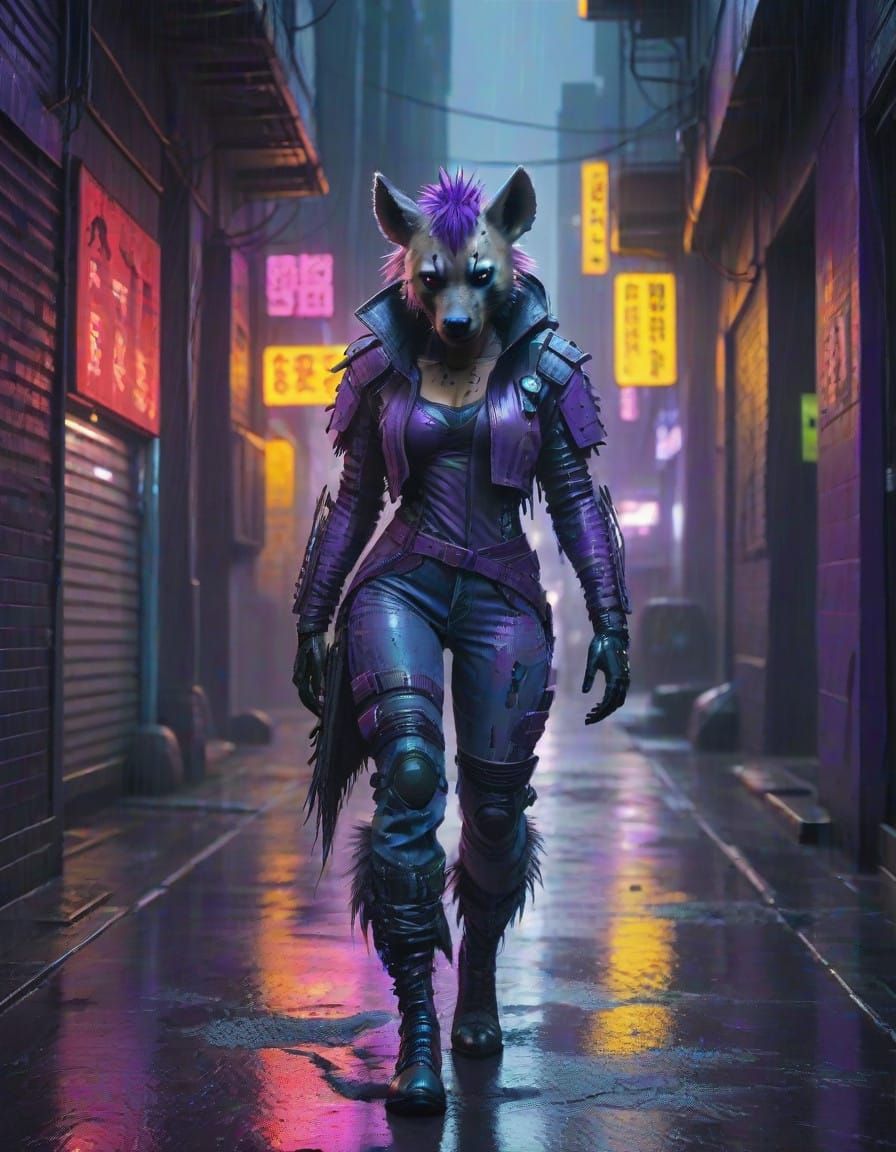 Cyberpunk Scantily Clad Feline Fighter in Neon Alleyway