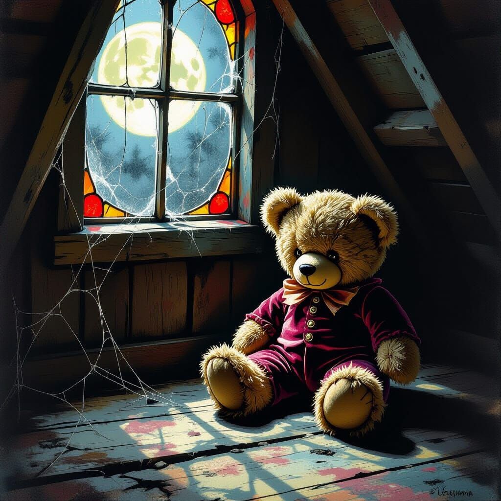 Creepy Teddy Bear in Dusty Attic by Moonlight