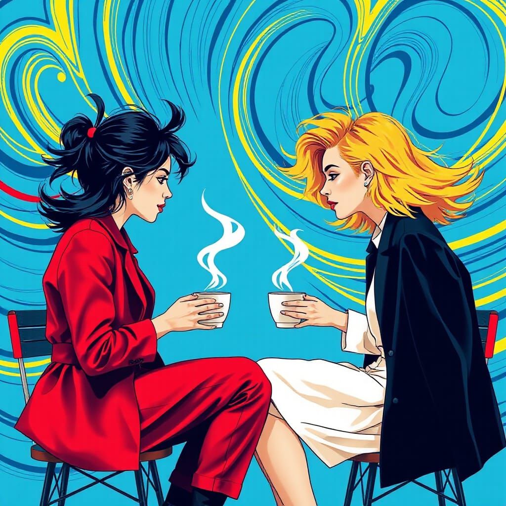 Two Women Share Candid Conversation in Vibrant Pop Art Style
