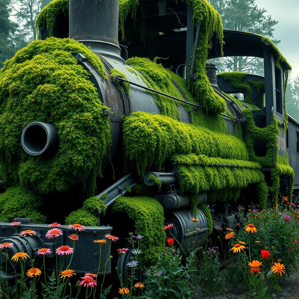 Rusty Train Reclaimed by Nature in Vibrant Green