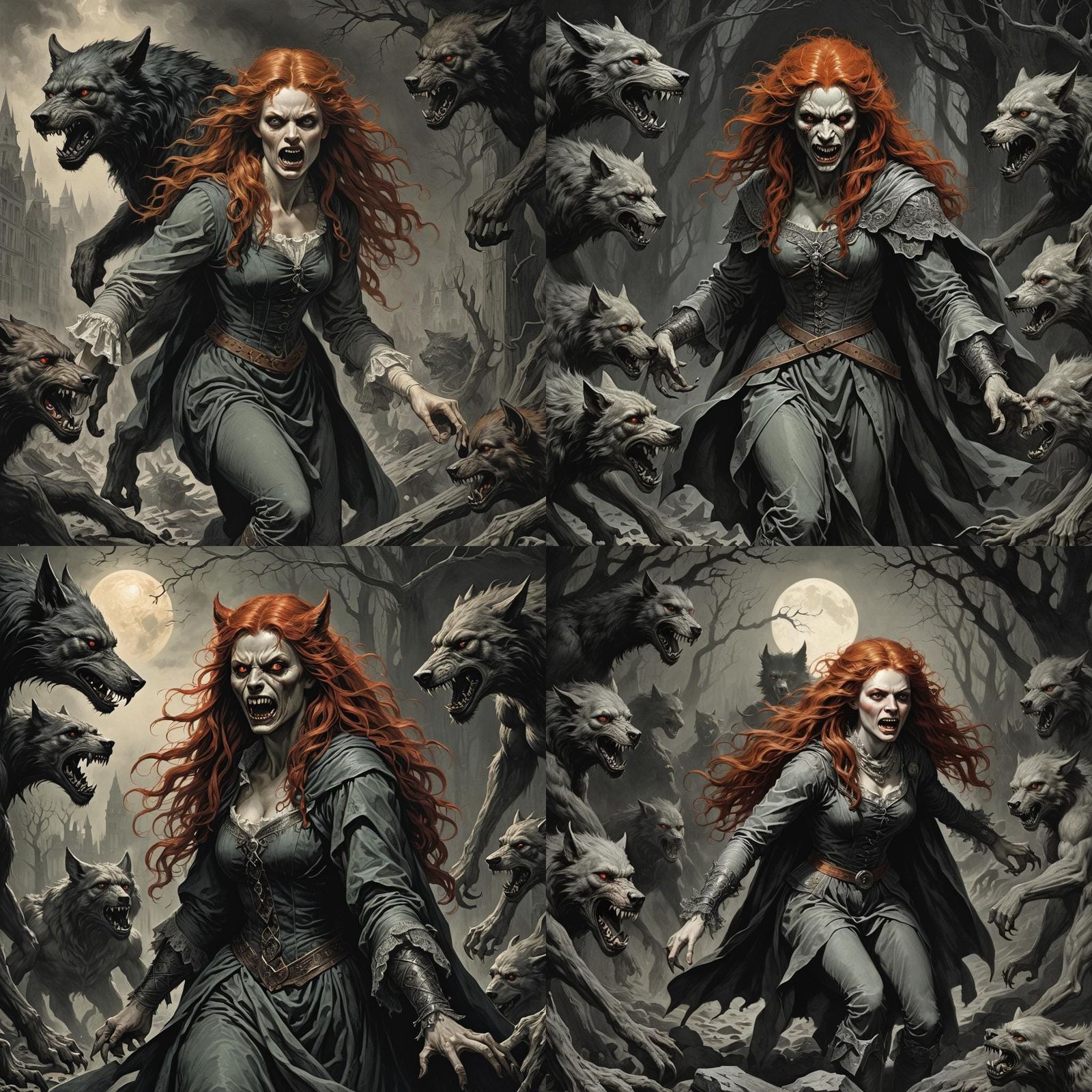 Redhead Transformation into Werewolf in Horror Art Style