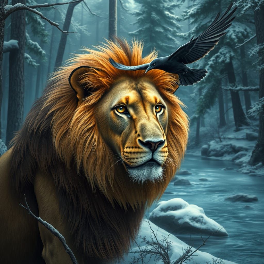 Lion in Indian Forest with Crow: Atmospheric Realism