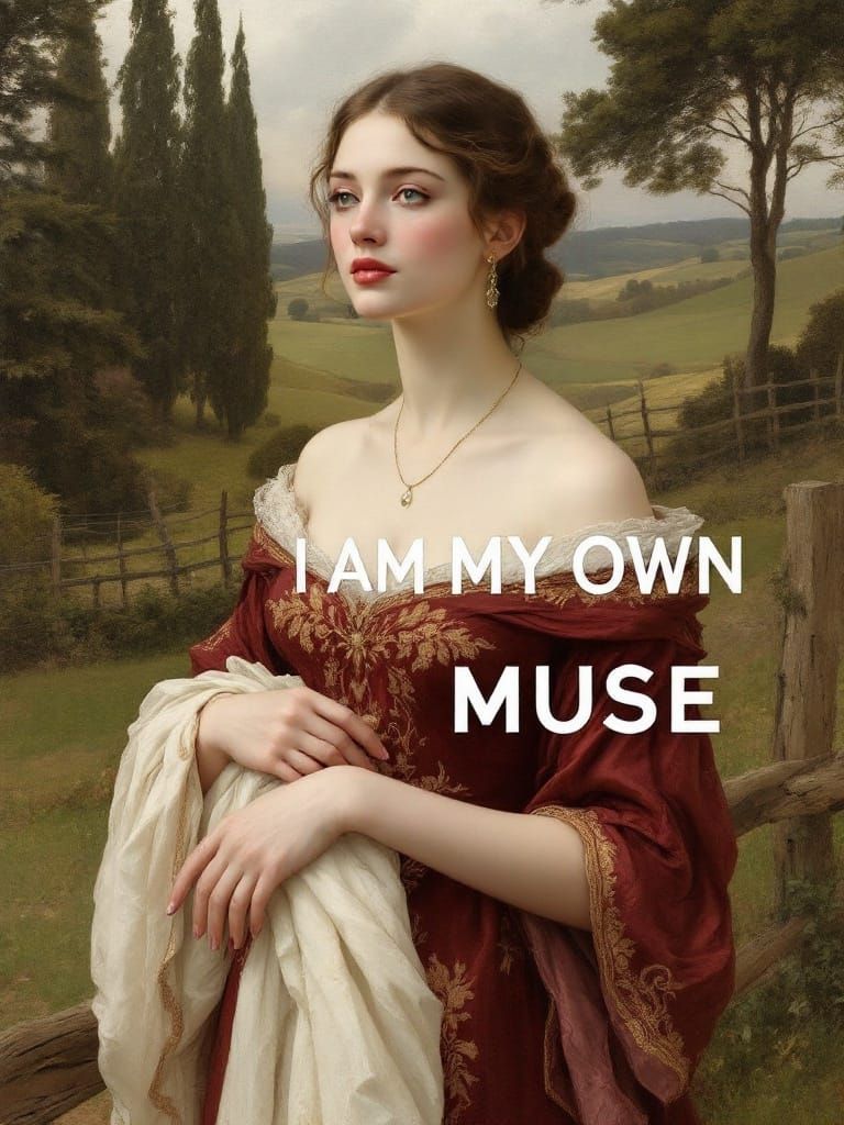 Ethereal Lady in Crimson Gown, Pre-Raphaelite Style, with Ab...