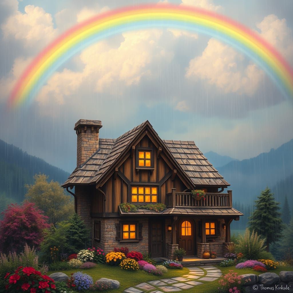Enchanted Cottage Amidst a Whimsical Rainbow Landscape