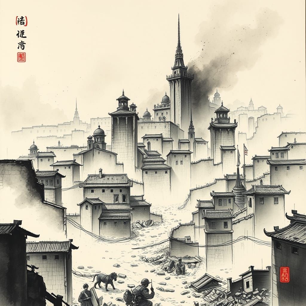 Chinese Ink Painting of War-Torn City