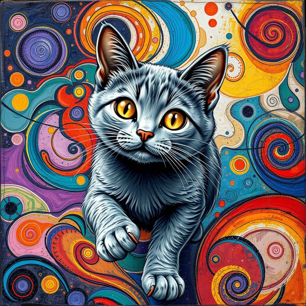 Playful Cat Amidst Zentangle Fractals, Impasto Painting