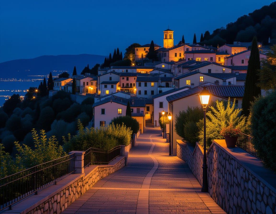 Italian Hillside Village at Night as Oil Painting