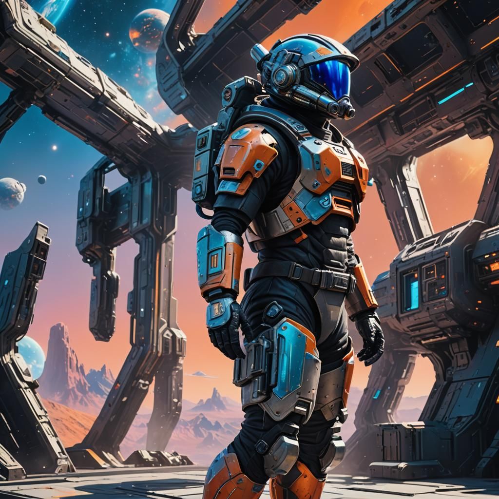 Futuristic Bounty Hunter on Space Station Deck