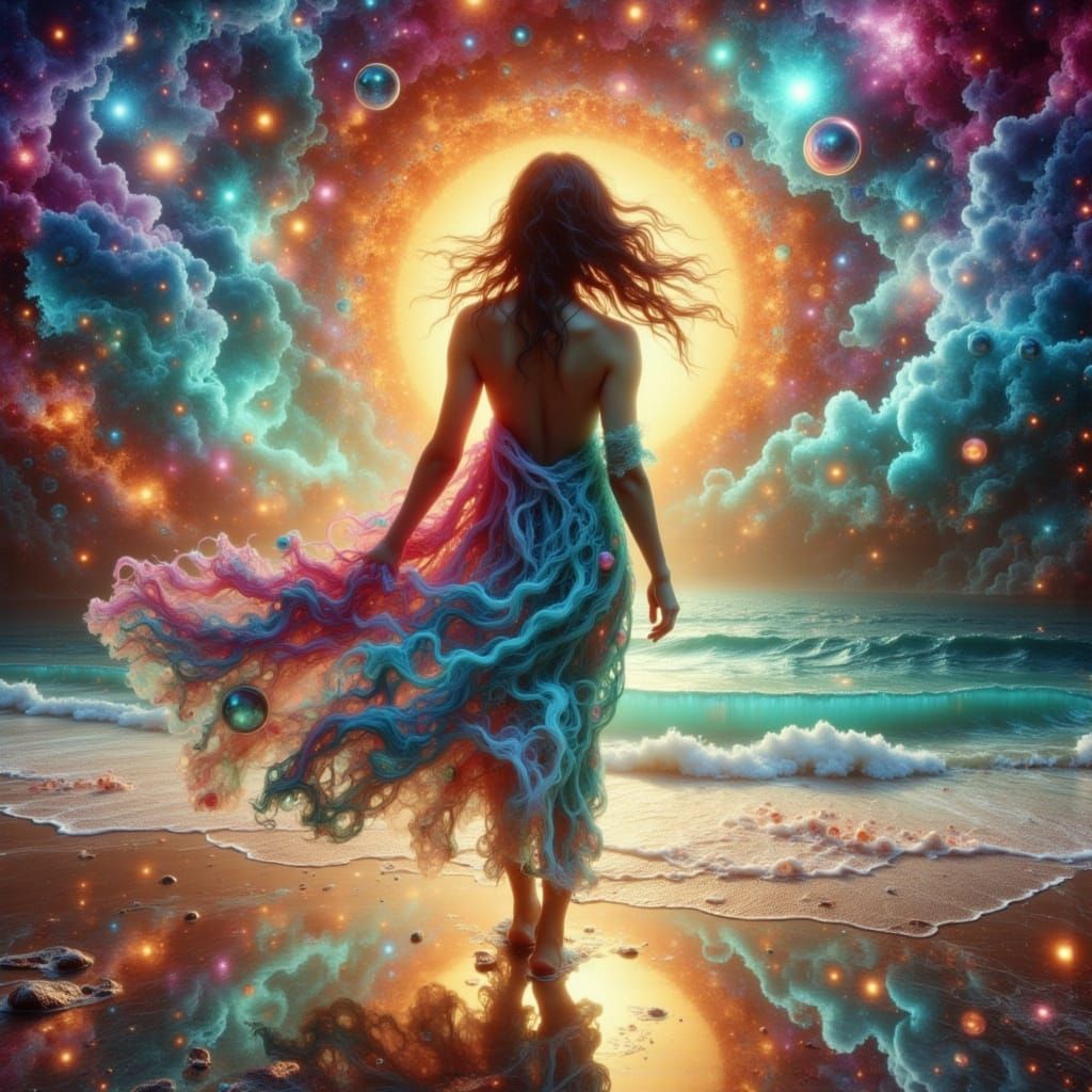 A lightly dressed woman walking on a beach, walking in-between a real beach and a fantasy beach, ethereal.<lora:Alcohol ...