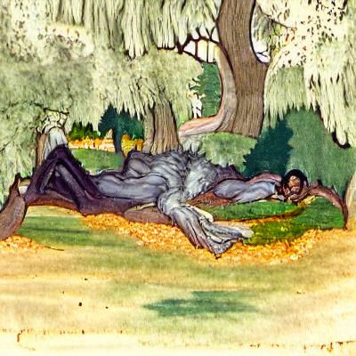 Werewolf Relaxing Under Oak Tree: Digital Rendering