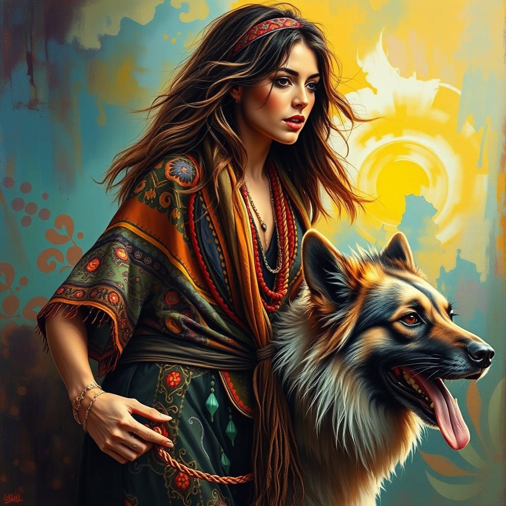 Beautiful Hippie Woman Walking Her Afghan Dog in a Vibrant O...