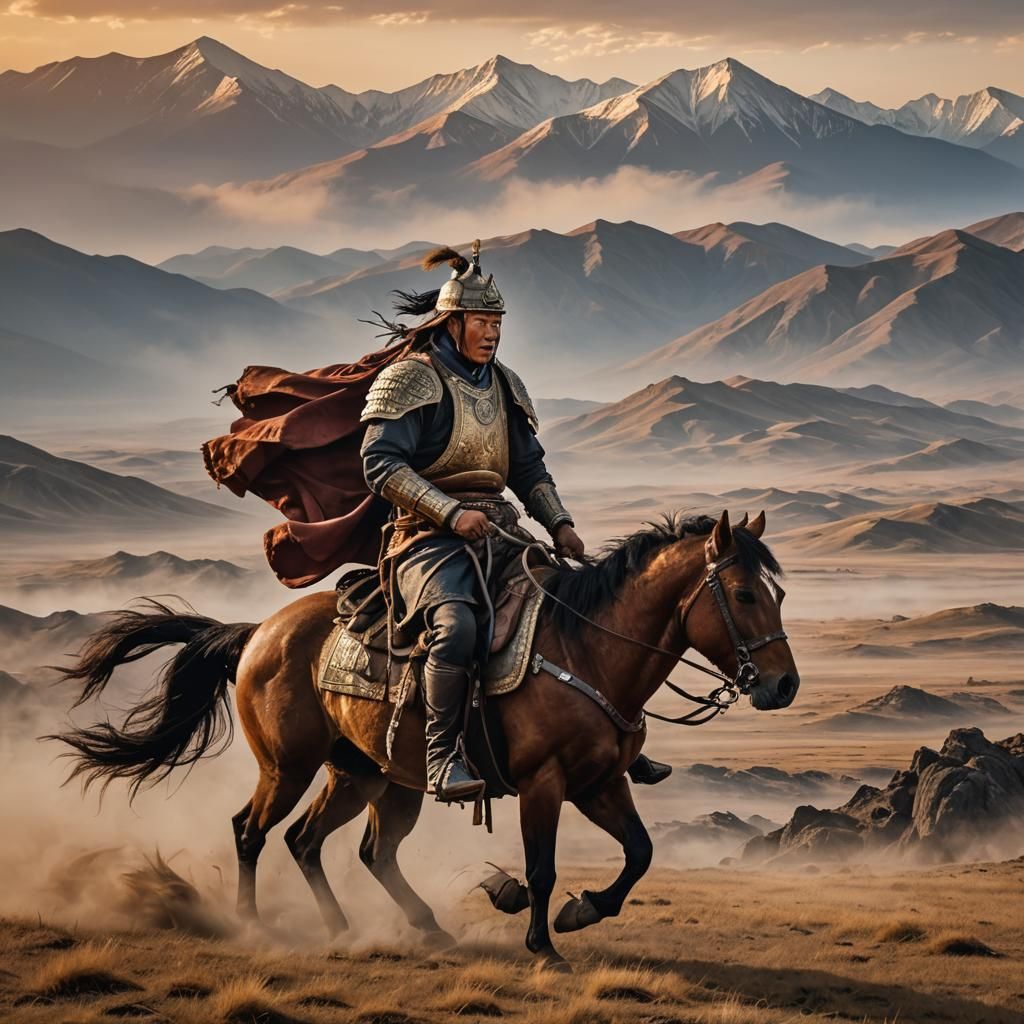 Mongolian Horse Rider on Steppe at Sunset