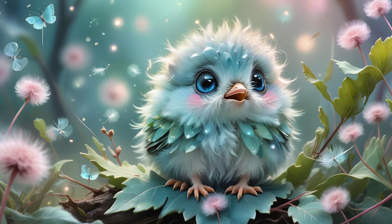 Fantasy Baby Bird with Pastel Flowers, Digital Painting