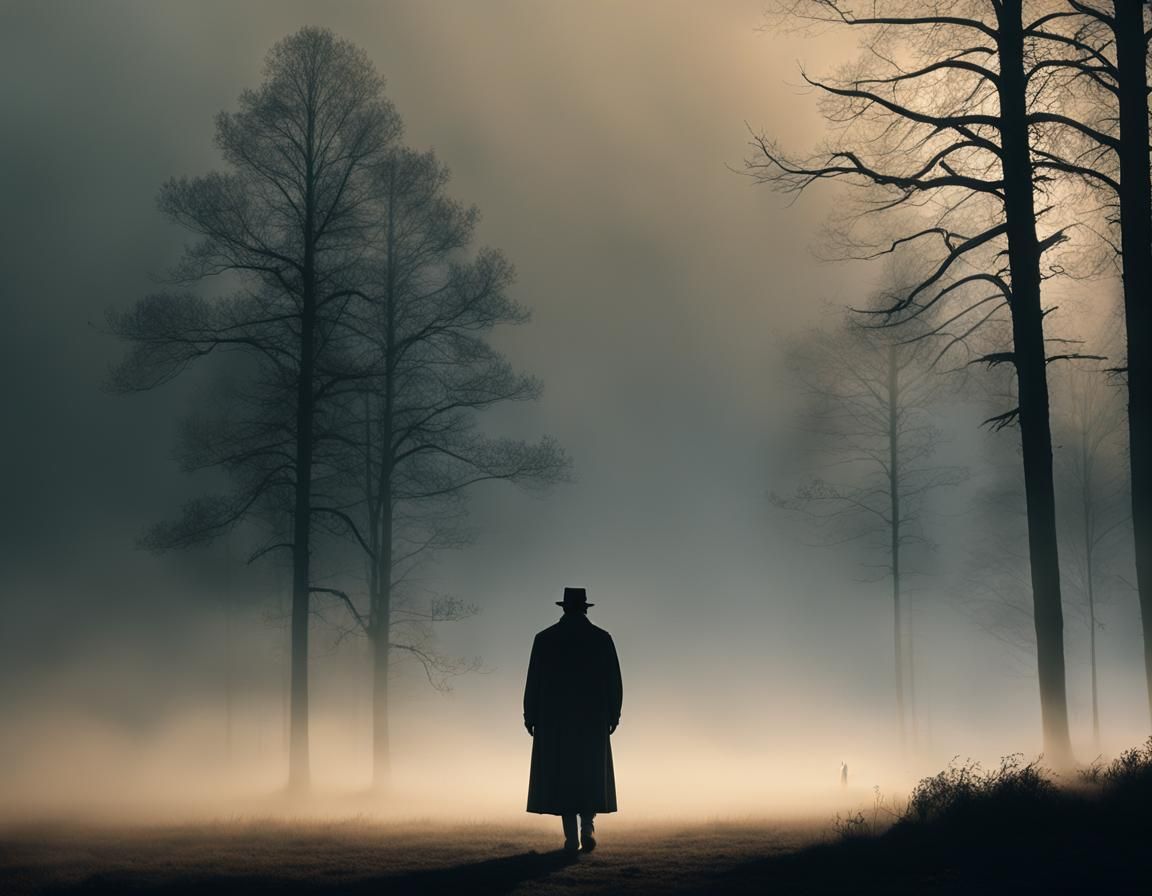Misty Landscape with Lone Figure in Film Noir Style