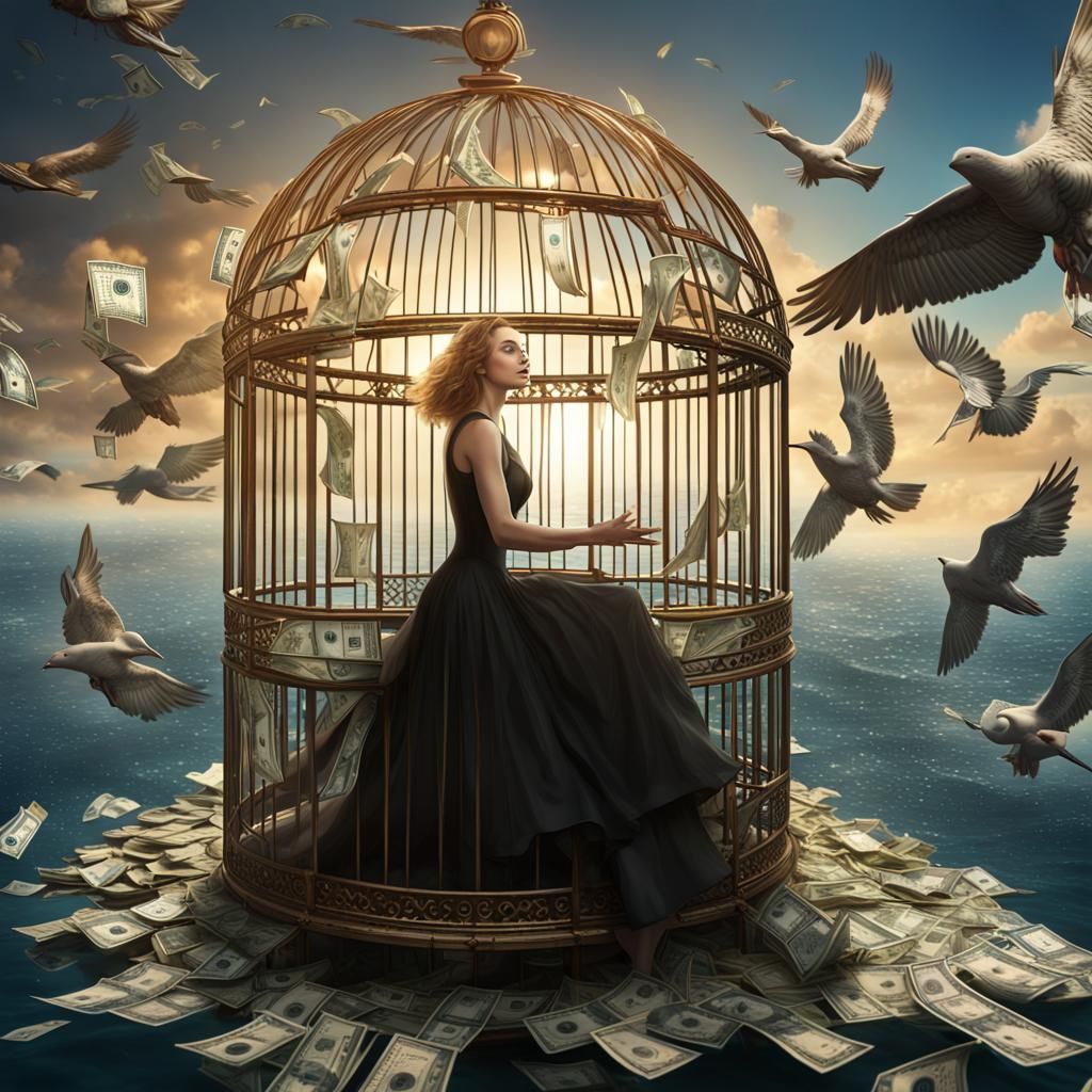 Woman Trapped in Bird Cage with Money: Matte Painting