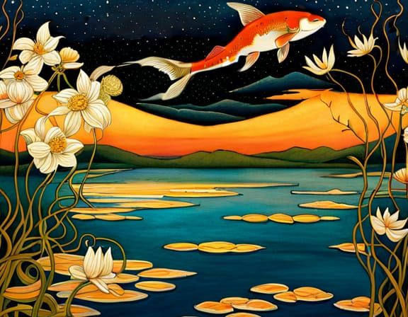 Ethereal Moon Garden with Koi and Fireflies