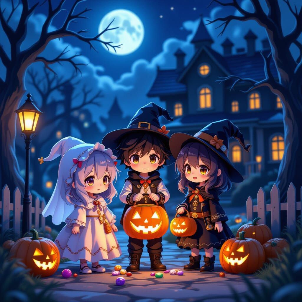 Spooky Halloween Night With Eerie Costumes and Ghostly Candi...