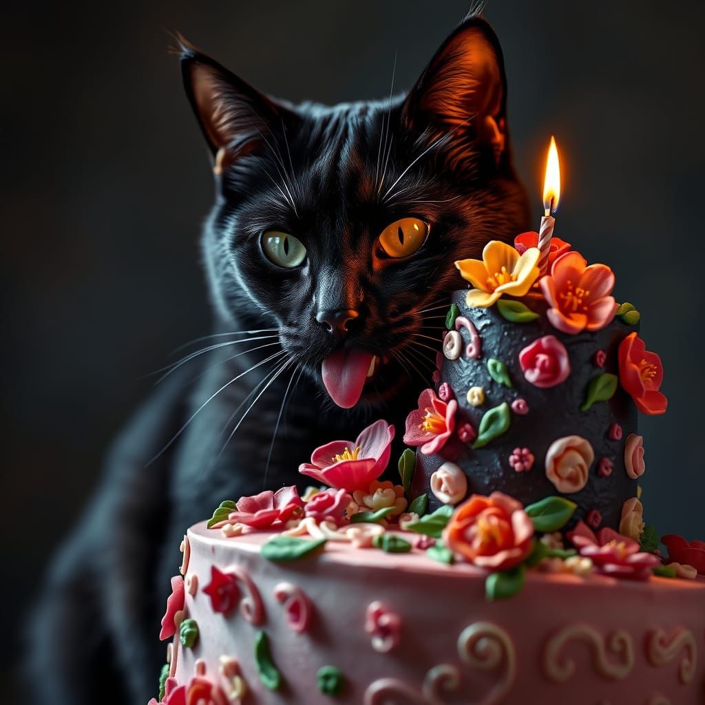 Midnight Cat Enjoys Lavish Birthday Cake in Dark, Atmospheri...