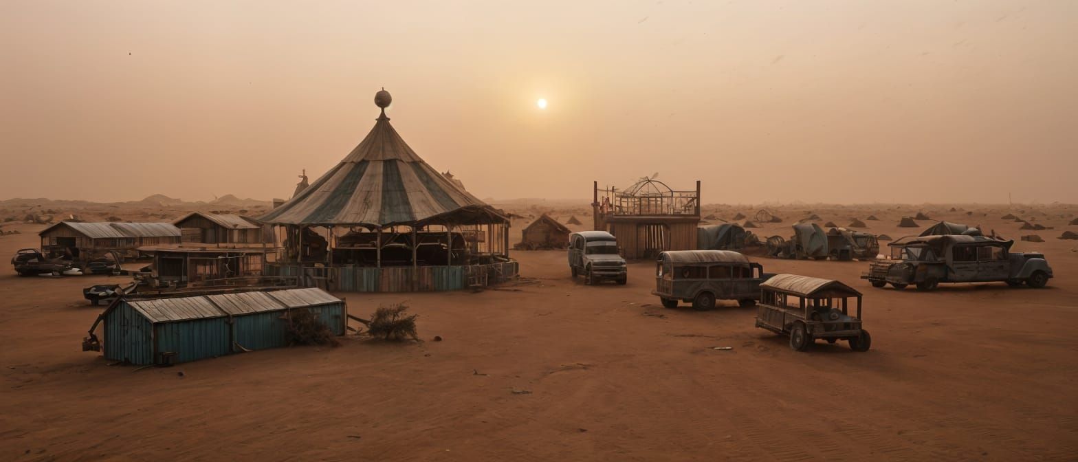 Empty Desert Plain Under Foggy Dusk Sky
