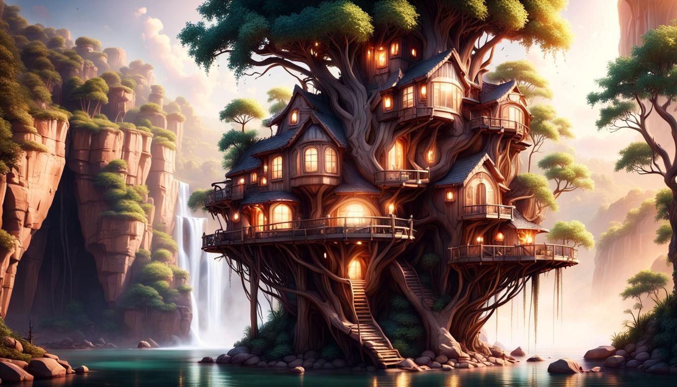Architectural Cliffside Treehouse by Waterfall in Fantasy St...