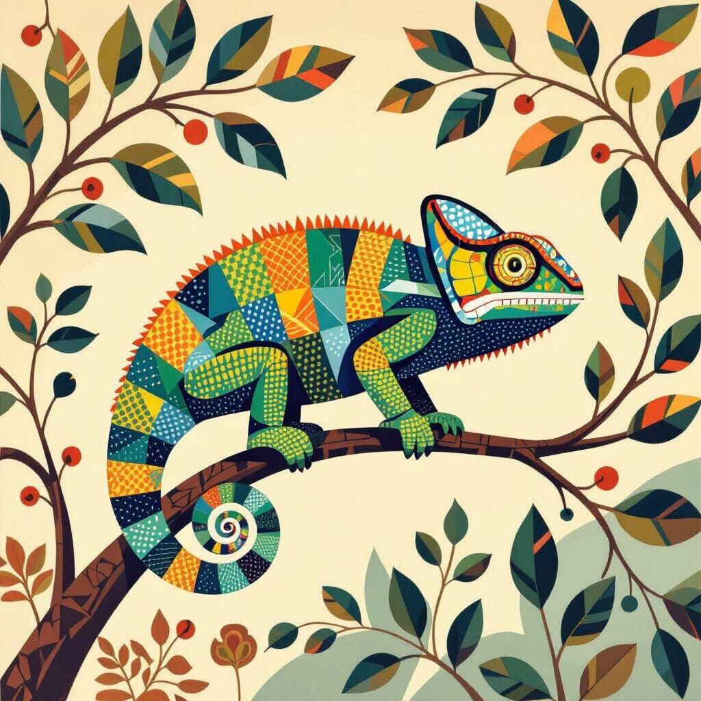 Geometric Chameleon in Art Deco Flat Graphic Style