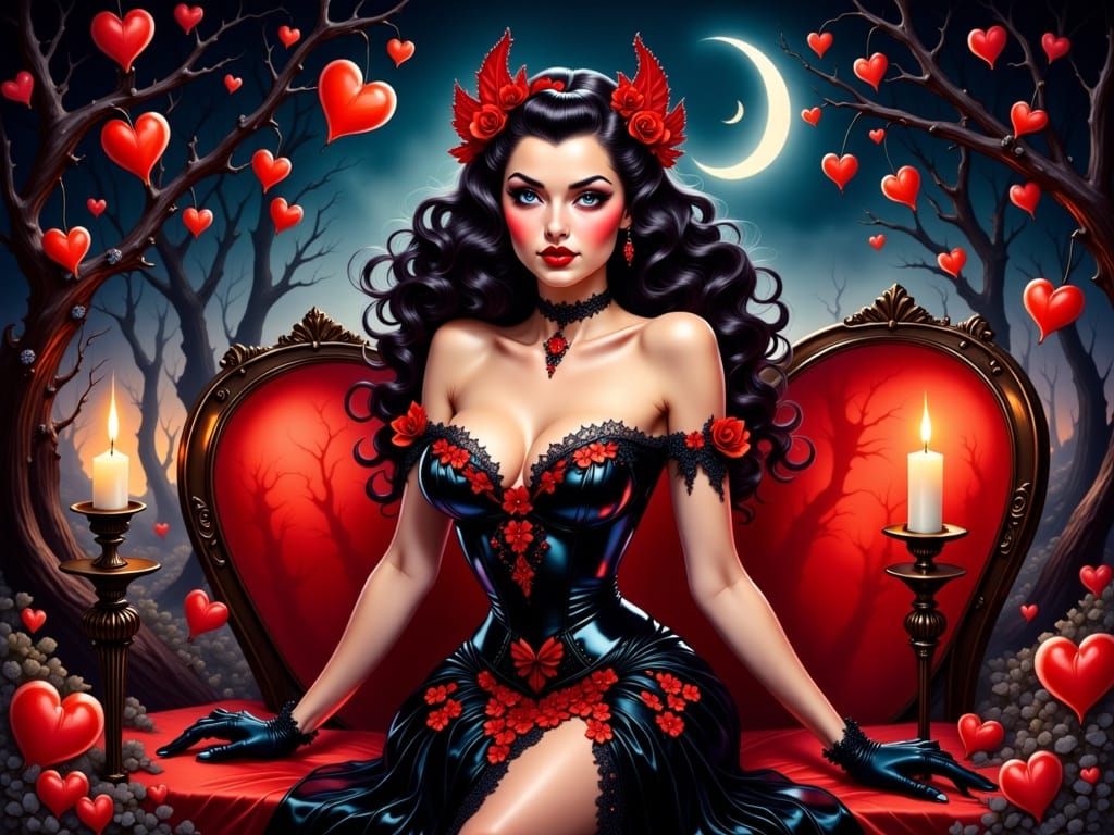 Dark Valentine Pin-Up Model with Halloween Gothic Flair