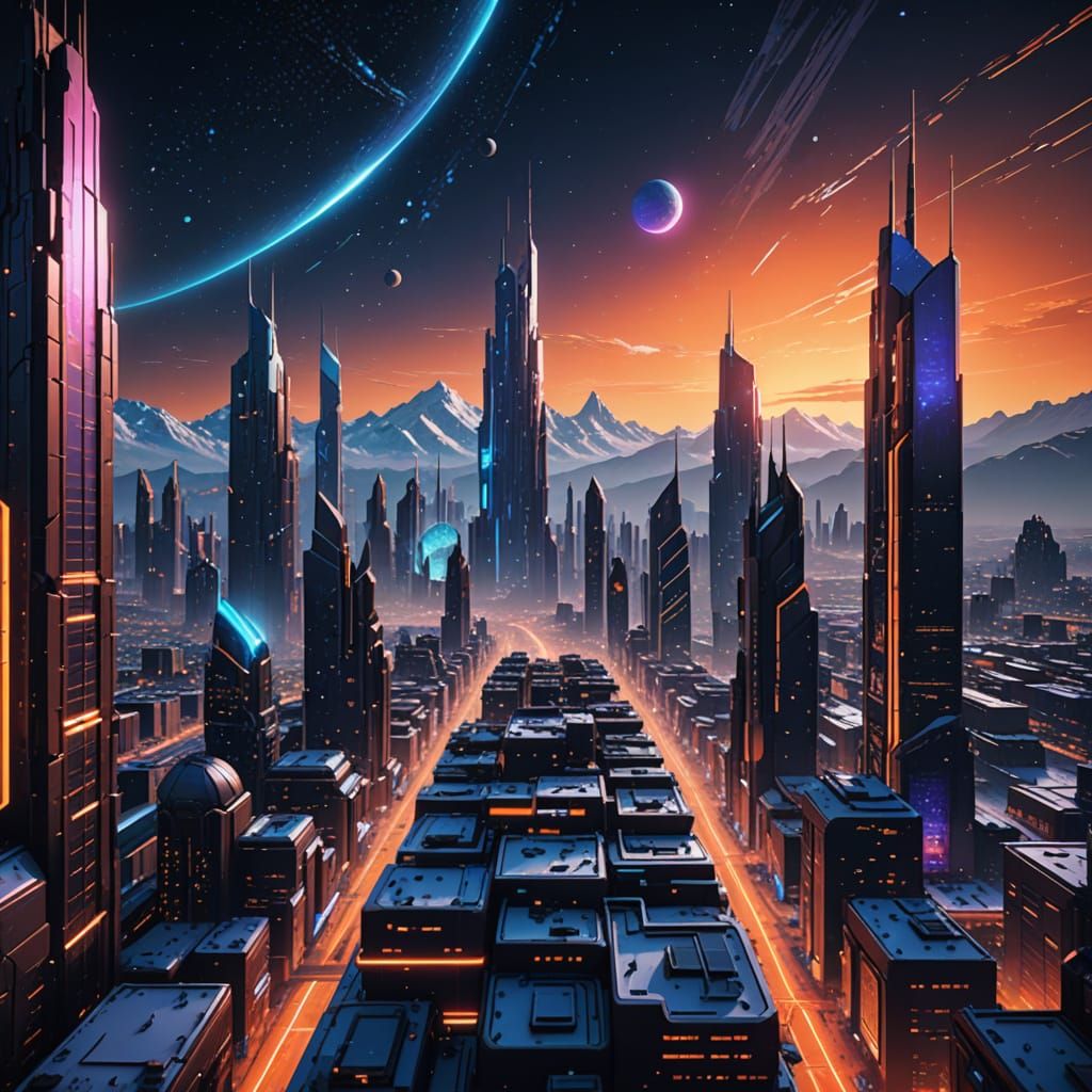 Cyberpunk Cityscape on a Barren, Red Planet at Dusk