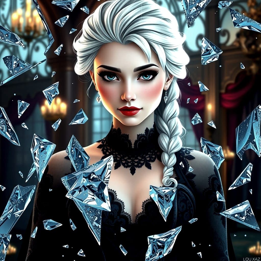 Frozen Princess Elsa Surrounded by Shattered Ice in Hyper-Re...
