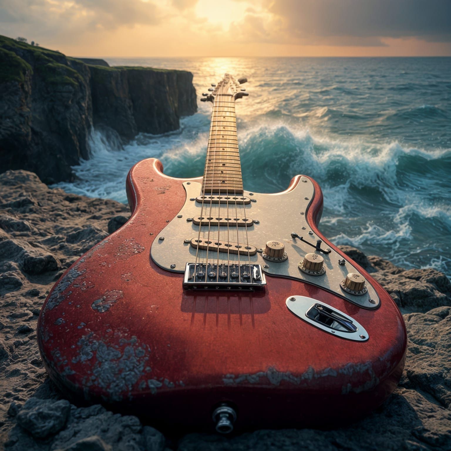 Red Stratocaster with Stormy Ocean View