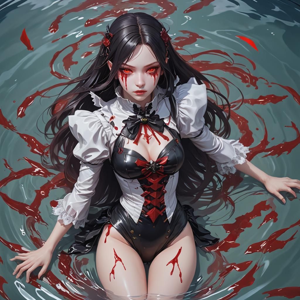 Anime Vampire Girl Swimming in Blood: 3D Art
