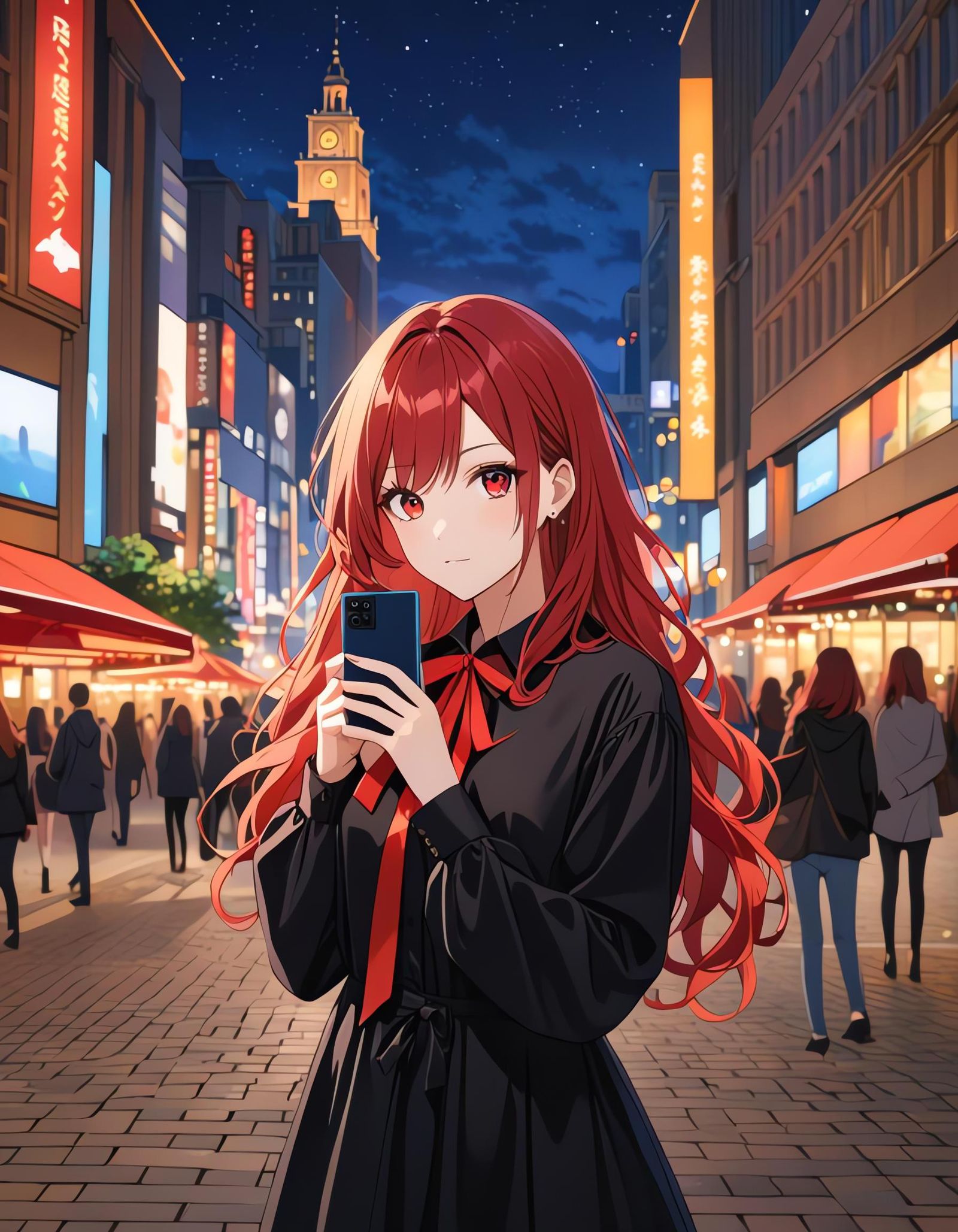Red-Haired Girl in City Square with Cel Shading