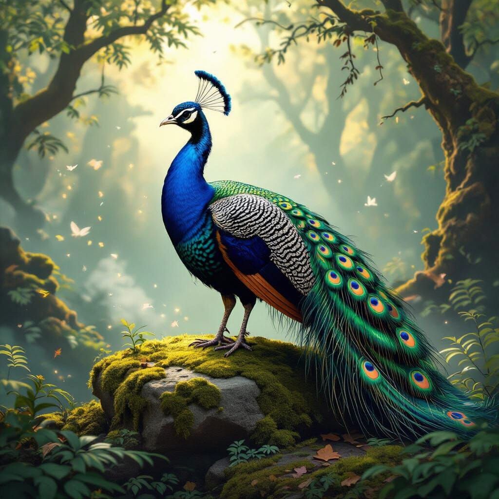Peacock with Geometric Feathers in Surrealist Style