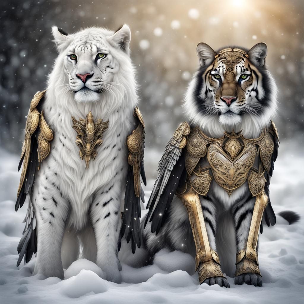 Mystical Armored Cats with Wings in Snow