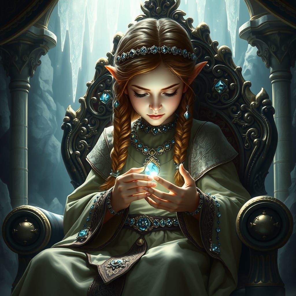 Fantasy Dwarven Princess in Mystical, Starlit Throne Room