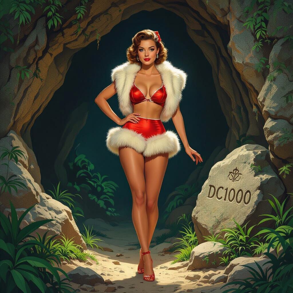Vintage Swimsuit Woman at Mystical Cave Entrance