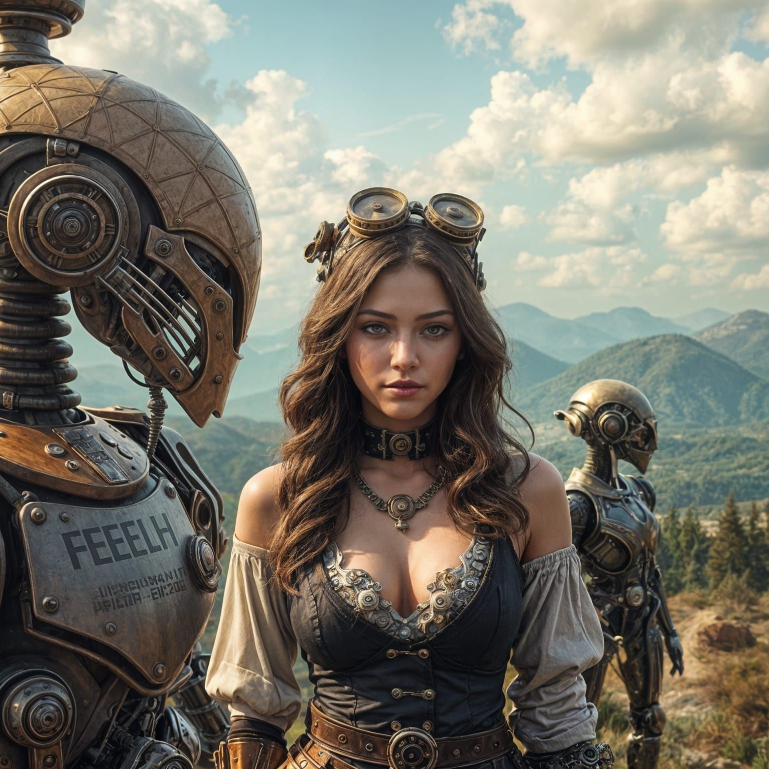 Steampunk Woman with Cyborgs in Dystopian Landscape