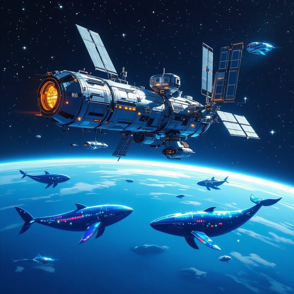 Space Station Orbiting Blue Planet in Digital Art Style