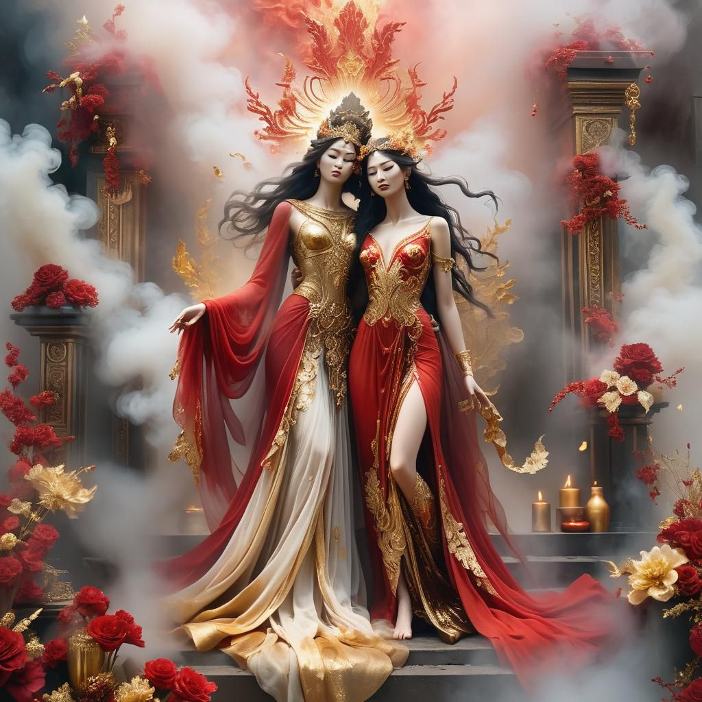 Ethereal God and Goddess on Sacrificial Altar as Oil Paintin...