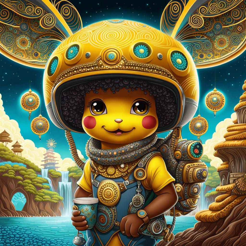 Afrofuturistic Pikachu Airplane Scene in 3D