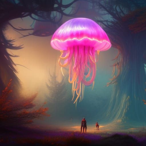 Glowing Jellyfish in Golden Forest: Fantasy Concept Art