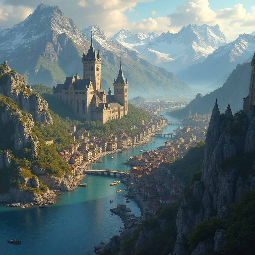 Medieval Townscape Map in Detailed Matte Painting Style