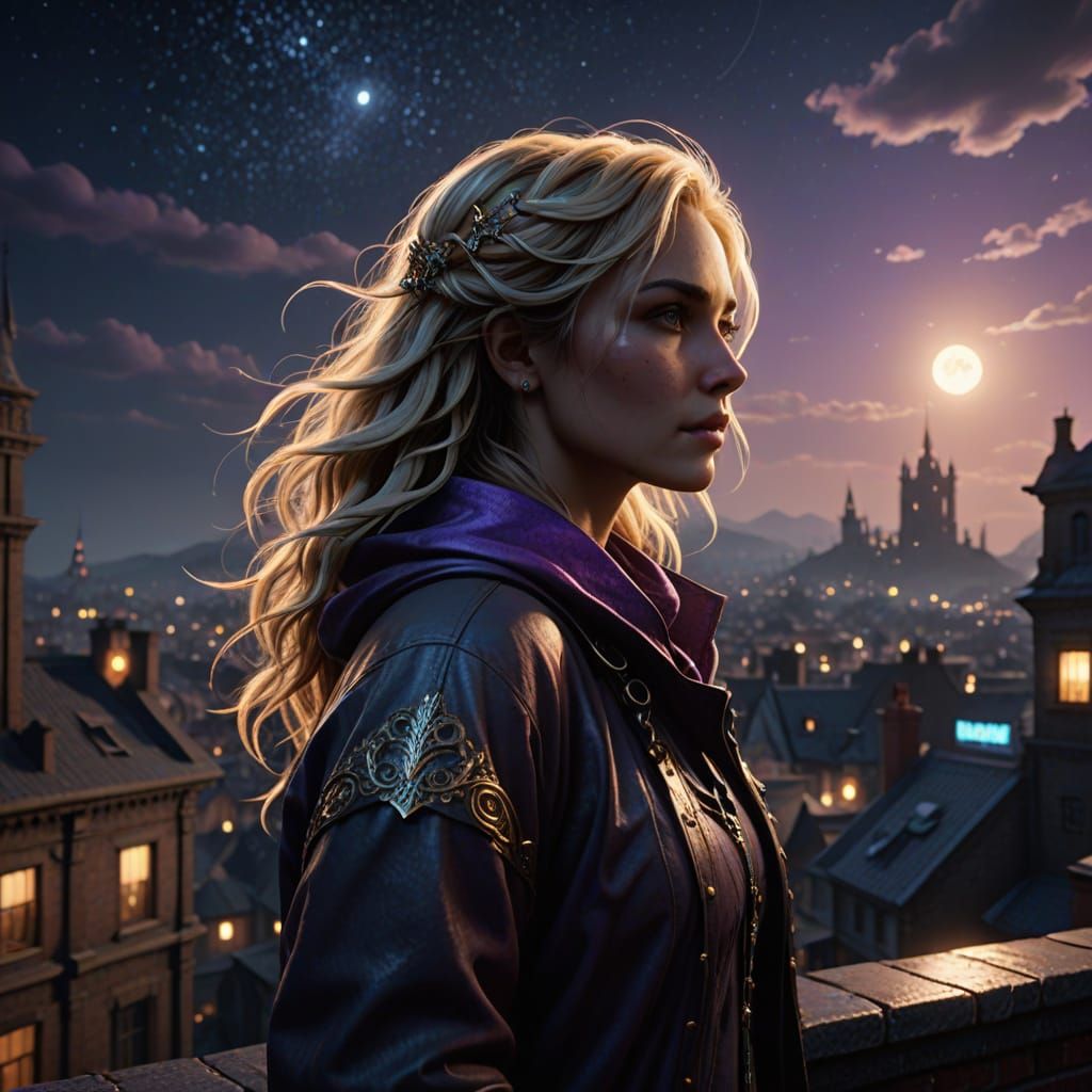 Blonde Woman Illuminated by City Lights in a Vibrant Midnigh...