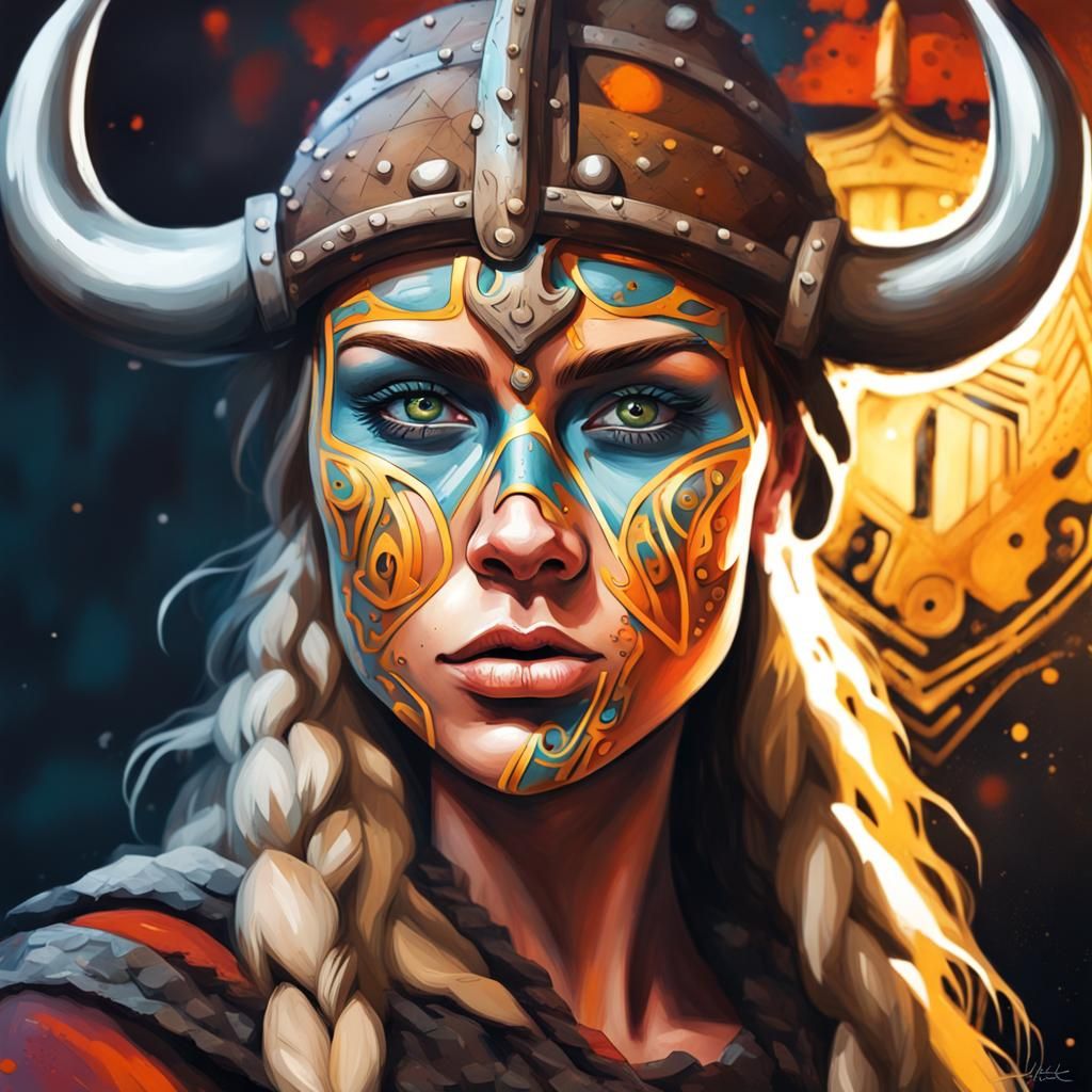 Viking Woman Portrait in Graffiti Art Style
