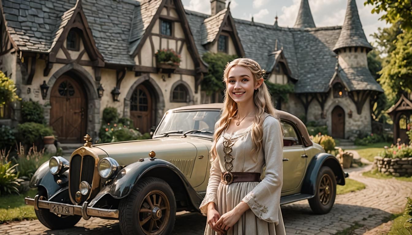 Elven Princess with Antique Car, Fantasy Photography